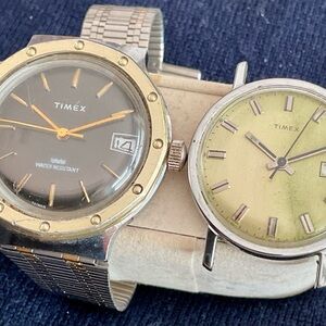 Two Vintage Timex Watches Both Running Rare Porthole Design And Green Dial
